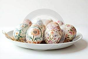 Decorated Easter Eggs with Floral Patterns on a Plate
