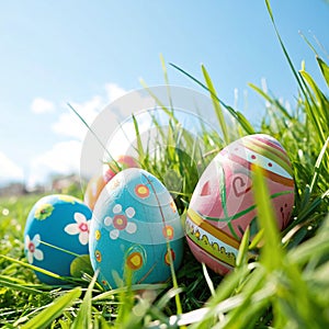 Decorated Easter Eggs in Grass with Sky