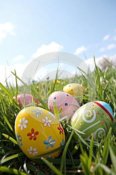Decorated Easter Eggs in Grass with Sky