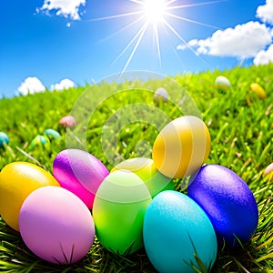 Decorated Easter eggs on green grass against a blue sunny sky. Generative AI