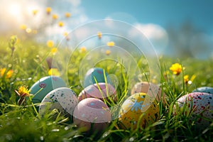 Decorated Easter Eggs in green grass at sunny day. Easter hunting