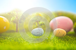 Decorated easter eggs in green grass on sunset sky background.