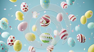 Decorated Easter eggs in mid-air, floating with confetti against a soft blue background.