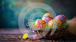decorated easter eggs on wooden basket with blur background