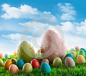 Decorated eggs in the grass