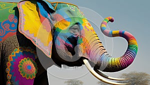 Decorated elephant with colorful ethnic images, Holi colors festival in India elephant with patterns