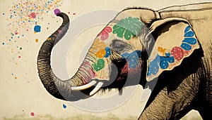 Decorated elephant with colorful ethnic images, Holi colors festival in India elephant with patterns
