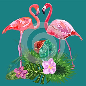 Decorated with exotic rain forest jungle palm tree monstera green leaves and couple of pink flamingo birds