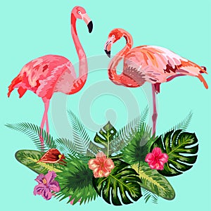 Decorated with exotic rain forest jungle palm tree monstera green leaves and couple of pink flamingo birds