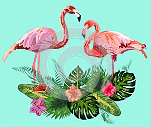 Decorated with exotic rain forest jungle palm tree monstera green leaves and couple of pink flamingo birds