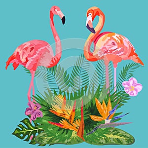 Decorated with exotic rain forest jungle palm tree monstera green leaves and couple of pink flamingo birds
