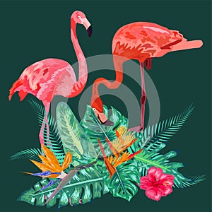 Decorated with exotic rain forest jungle palm tree monstera leaves and couple of pink flamingo birds