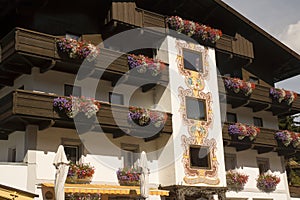 Decorated faÃ§ade made with bricks and timber with decorated balconies Garlos Austria photo