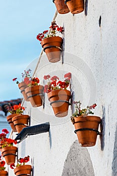 Decorated facade of house with flowers