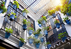 Decorated facade of house with flowers