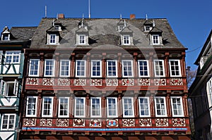Decorated facade of medieval house in Goslar, Germany