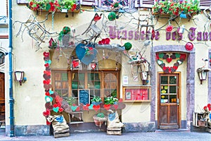 Decorated facade of a restaurant in alsace