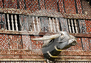 Decorated facade of the traditional house of people living in the region Tana Toraja on the Indonesian Sulawesi island