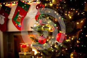 Decorated fireplace and Christmas tree at cottage