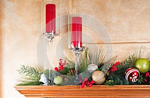 Decorated fireplace mantle for Christmas photo