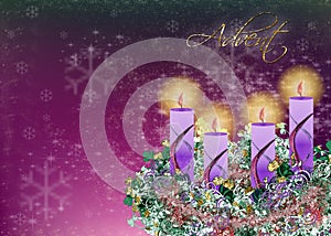 Decorated floral Advent wreath with four advent candles and glitter stars, illustration background