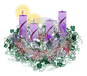 Decorated floral Advent wreath with two advent candles burning,