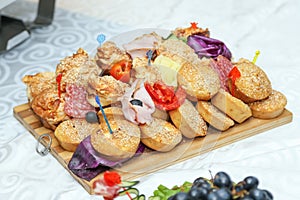 Decorated food on table prepared for wedding guests
