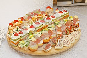 Decorated food on table prepared for wedding guests