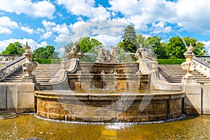 Decorated fountain in baroque Castle Gardens of Cesky Krumlov, Czech Republic