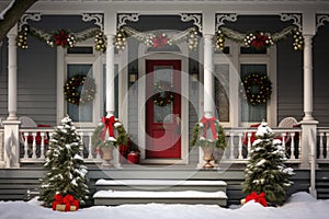 Decorated front porch of a house with christmas decorations and garlands
