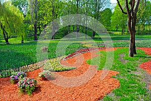 Decorated garden with flowers on grass