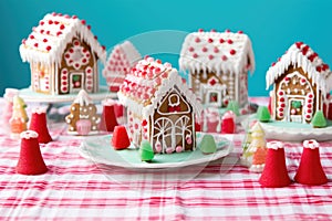 decorated gingerbread houses with candy-cane fences on a blue tablecloth