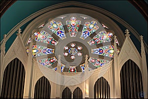 Decorated glass ceiling of the Church of the Sacred Heart  in Bilbao, Spain