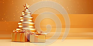 Decorated gold Christmas tree with golden artificial star and presents for new year on golden background