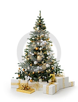 Decorated gold Christmas tree with golden patchwork ornament artificial balls and gift presents for new year