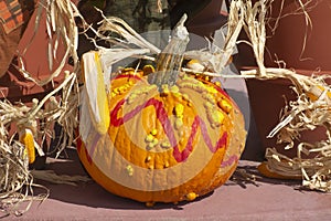 Decorated goosebump pumpkin with harvest decorations