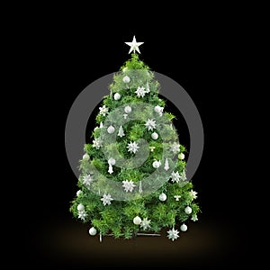 Decorated green Christmas tree on black background