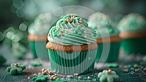 Decorated green cupcakes with cream and icing on blurred background. Food for holidays, birthday, weeding