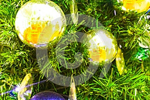 Decorated  green Ñhristmas tree background, Beautiful Christmas fur-tree decorated with New Year`s toys, Christmas balls