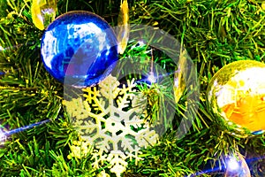 Decorated  green ÃÂhristmas tree background, Beautiful Christmas fur-tree decorated with New Year`s toys, Christmas balls