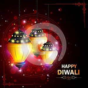 Decorated hanging lamp for Happy Diwali festival holiday celebration of India greeting background