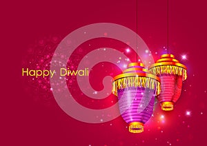Decorated hanging lamp for Happy Diwali festival holiday celebration of India greeting background