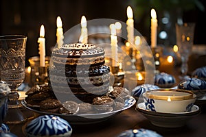 Decorated Hanukkah table with a menorah, gelt and festive blue and white decorations