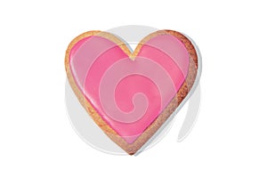 Decorated heart shaped cookie on white background, top view