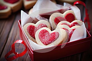 Decorated heart shaped cookie on wooden background. AI Generated