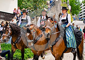 Decorated horse team at a parade in Garmisch-Partenkirchen, Garmisch-Partenkirchen, Germany - May 20.