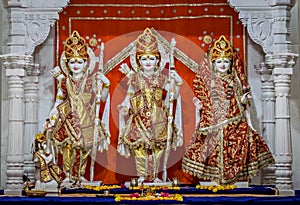 Decorated idols of Hindu Gods Ram, Lakshman & Godless Sita in a temple at Somnath, Gujrat, India.