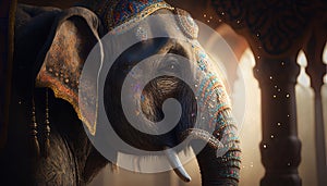 Decorated Indian elephant. Beautiful Elephant in tattoos and drawings. Generative AI