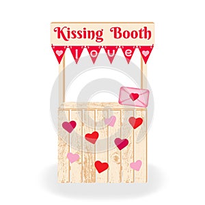 Decorated Kissing Booth with flags and hearts.