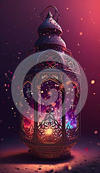 Decorated lantern with colorful glass, burning around bokech effects. Lantern as a symbol of Ramadan for Muslims